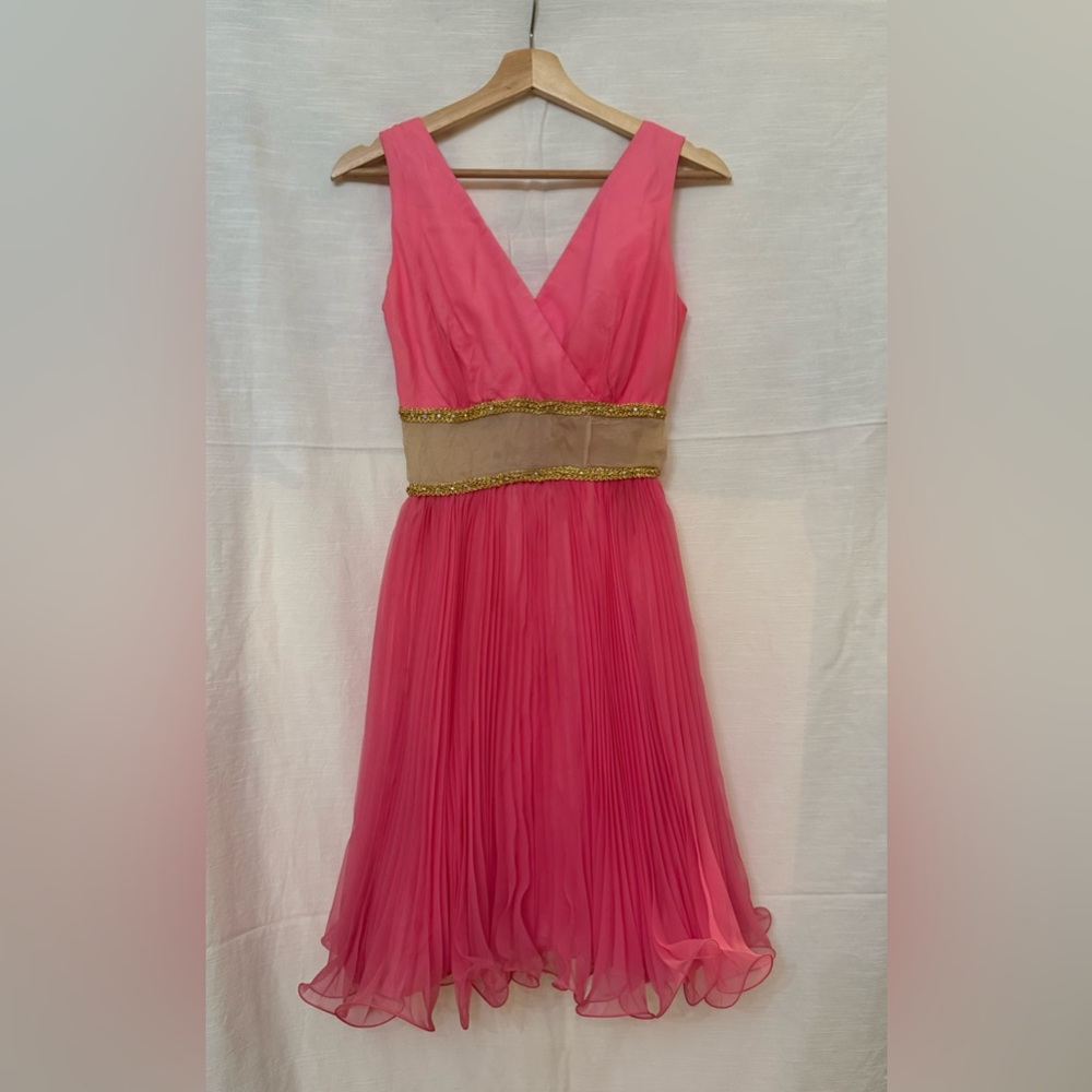 Vintage Circa 1960's Pink V-Neck Chiffon Cocktail‎ Party Dress with Sheer Accent